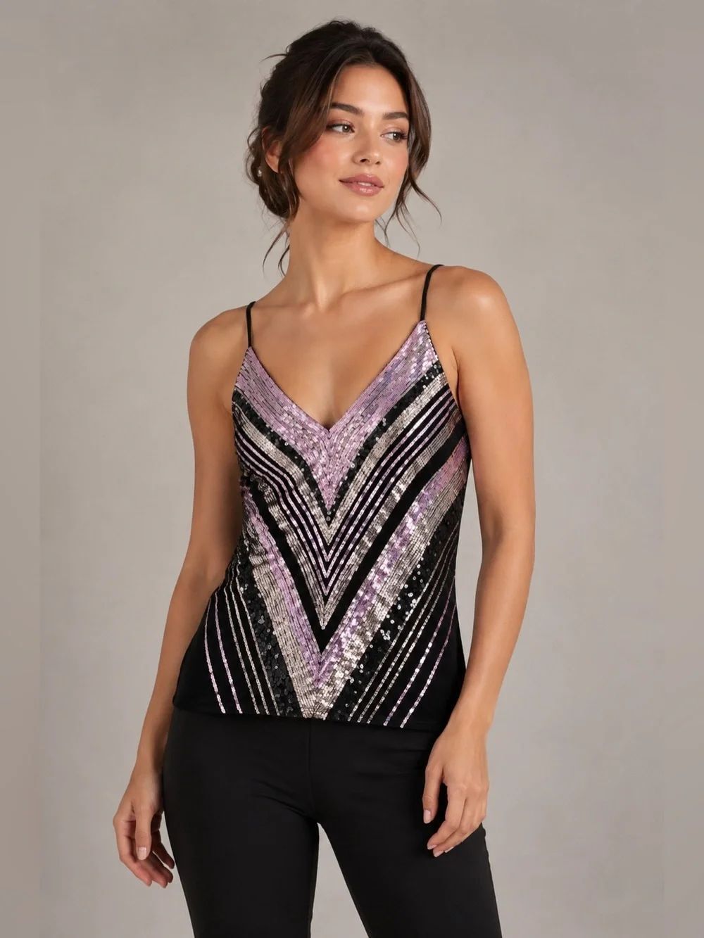 VENUS Sequin Cami slip Top Black Pink Silver Stretch Tank Blouse Glam L